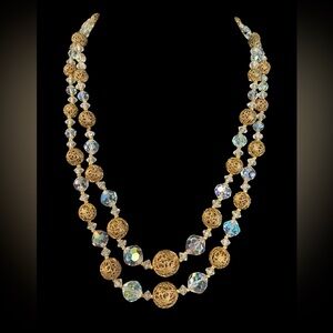 Vintage Austrian Crystal and Gold Tone Filigree Double Strand Necklace